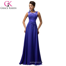 Grace Karin sin mangas V-Back con cuentas de gasa azul vestido de baile largo CL007555-6